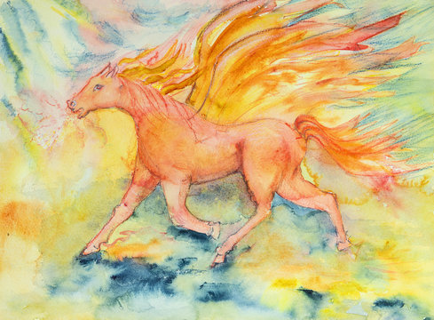 Red horse of the apocalypse in fire and flame. The dabbing technique near the edges gives a soft focus effect due to the altered surface roughness of the paper.