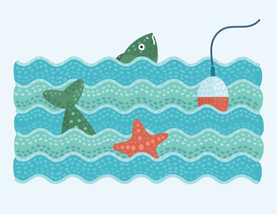 Illustration of fish and float and starfish. Fishing trip
