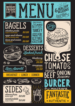 Bagels restaurant menu. Vector sandwich food flyer for bar and cafe. Design template with vintage hand-drawn illustrations.