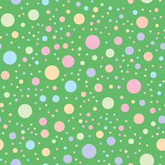 Geometric seamless pattern of circles. Colorful circles on a green background. Vector illustration