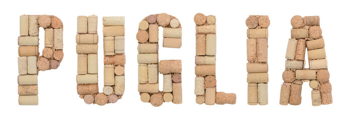 Wine region of Italy PUGLIA made from wine corks Isolated on white background