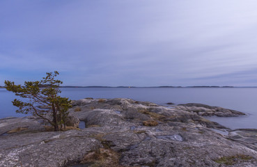 Klippor utanför Björnö i Stockholms skärgård i månsken på natten