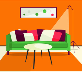 Funky colorful interior with furniture sofa table lamp carpet for living room house vector illustration