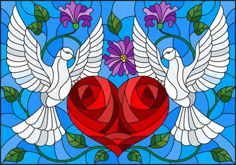 Illustration in stained glass style with a pair of pigeons and a heart against the sky and flowers