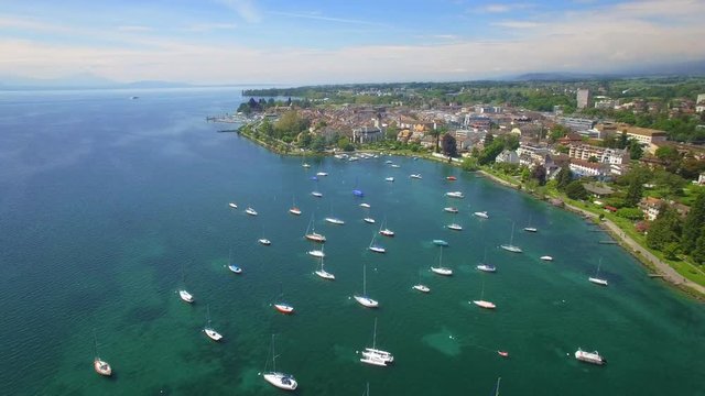 Morges Swizerland Cinematic aerial shot. Beautiful panorama on a bright summer day