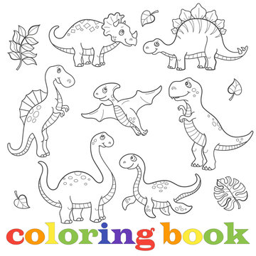 Set of funny cartoon dinosaurs contour, isolated on a white background, the coloring book