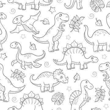 Seamless pattern with dinosaurs and leaves, contoured animals on white background