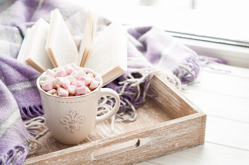 Coffee cup, open book, marshmallow and plaid on a window sill in winter. Cozy home breakfast concept