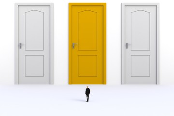 Fototapeta premium Success concept with businessman, Image of miniature businessman standing in front of yellow and white door on white wall background, 3D rendering