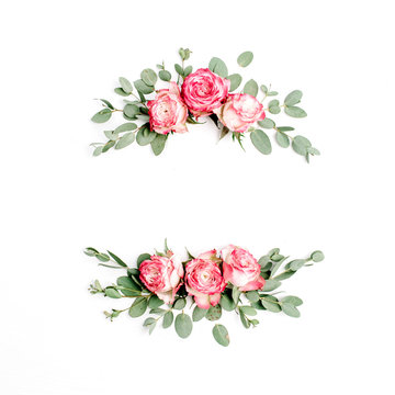 Floral frame wreath made of red rose flower buds on white background. Flat lay, top view blog hero header mockup.