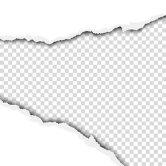 Torn wide hole in white sheet of paper with transparent background of the resulting window. Vector template paper design.