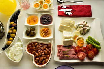 Traditional Turkish breakfast on white background,close up taken,isolated.