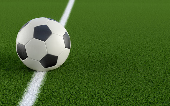 Soccer ball on the white line of a soccer field - 3D Rendering