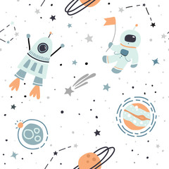 Motif harmonieux d& 39 éléments spatiaux dessinés à la main : cosmonaute, astronaute, espace, fusée, étoiles, étoile filante, planètes. Fond de vecteur pour enfants à la mode sur blanc.