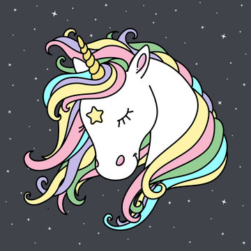 Fototapeta Beautiful unicorn pop art with rainbow hair, mane, stars and space on black background