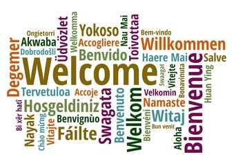 Welcome in different languages wordcloud on white background
