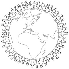 Vector illustration of stick figures children standing around earth globe holding hands coloring page isolated on white background