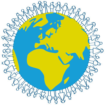 Vector illustration of stick figures children standing around earth globe holding hands isolated on white background