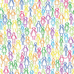 Vector illustration of colorful male and female stick figures repeating seamless pattern isolated on white background