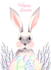 Happy easter poster, hand drawn watercolor illustration. watercolor eggs, bunny and pussy willow branches. Vector illustration