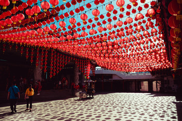 Territory Than Hou temple. Kuala Lumpur attraction. Travel to Malaysia. Religious background. Tourist landmark. City tour. Place of worship. Architecture concept. Chinese red lanterns decoration