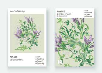 Lavender floral pattern cover design. Hand drawn flower. Elegant trendy artistic background blossom greenery branche. Graphic illustration wedding, invitation, poster, card, cover book, catalog