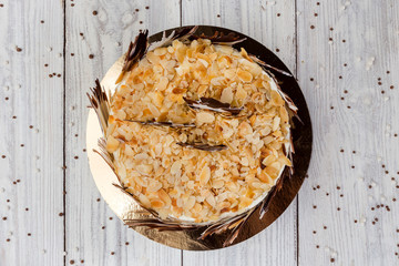 Chocolate vegane cake with nuts and cream. Birthday concept