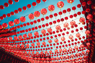 Chinese red lanterns decoratin hanging against sky. Thean Hou temple, Kuala Lumpur attraction. Travel to Malaysia. Architecture details. Tourist landmark. City tour. Religion concept. Tourism industry
