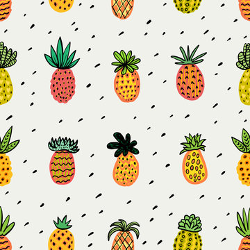Seamless sunny pineapple pattern. Decorative Pinapple with different textures in warm colors. Exotic fruits background For Fashion print textile fabric covers wallpapers wrap Vector Summer background