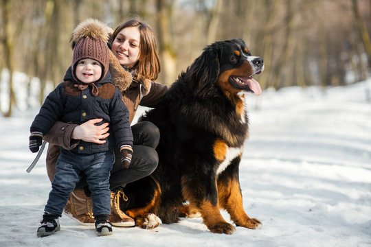 Woman hugs little boy and strokes Bernese Mountain dog posing in the park