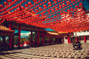 Thean Hou temple. Kuala Lumpur attraction. Travel to Malaysia. Religious background. Tourist destination. City tour. Place of worship. Architecture concept. Chinese red lanterns decoration. Toned