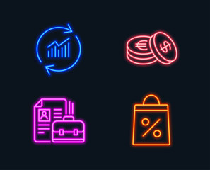 Neon lights. Set of Vacancy, Update data and Savings icons. Shopping bag sign. Hiring job, Sales statistics, Cash coins. Supermarket discounts.  Glowing graphic designs. Vector