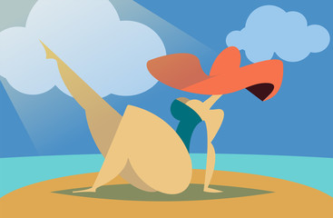 Vector illustration of lady in red hat sunbathing on a beach