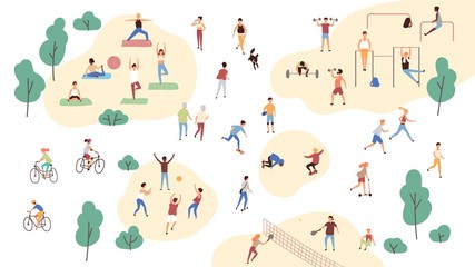 Group of people performing sports activities at park - doing yoga and gymnastics exercises, jogging, riding bicycles, playing ball game and tennis. Outdoor workout. Flat cartoon vector illustration. © Good Studio
