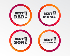 Best mom and dad, son and daughter icons. Awards with exclamation mark symbols. Infographic design buttons. Circle templates. Vector