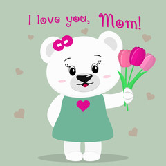 A nice polar bear holds three tulips. Congratulations on your mother's day, in the style of cartoons.