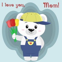 A nice polar bear holds three tulips. Congratulations on your mother's day, in the style of cartoons.