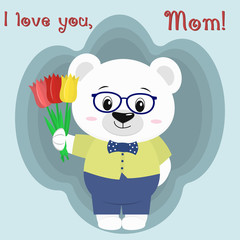 Naklejka premium A nice polar bear holds three tulips. Congratulations on your mother's day, in the style of cartoons.