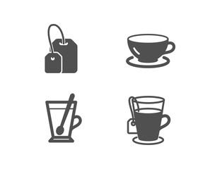 Set of Tea mug, Tea bag and Espresso icons. Cup with teaspoon, Brew hot drink, Coffee cup. Glass mug.  Quality design elements. Classic style. Vector
