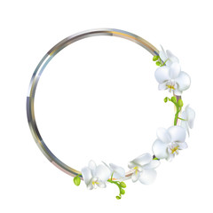 Tropical flowers. Orchid. Round frame. Floral background. White. Metal.