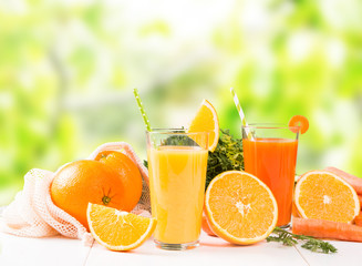 Fresh juice, Orange and carrot drink on white background. Fruits and vegetable. 