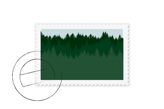 Briefmarke mit Wald Motiv und Stempel