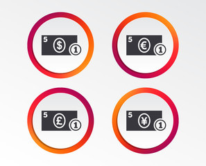 Businessman case icons. Dollar, yen, euro and pound currency sign symbols. Infographic design buttons. Circle templates. Vector