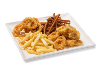 breaded squid rings and french fries on white background