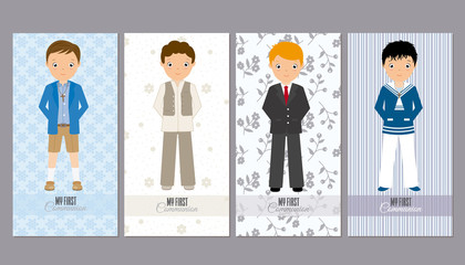 set communion cards. four children's cards dressed in communion clothes