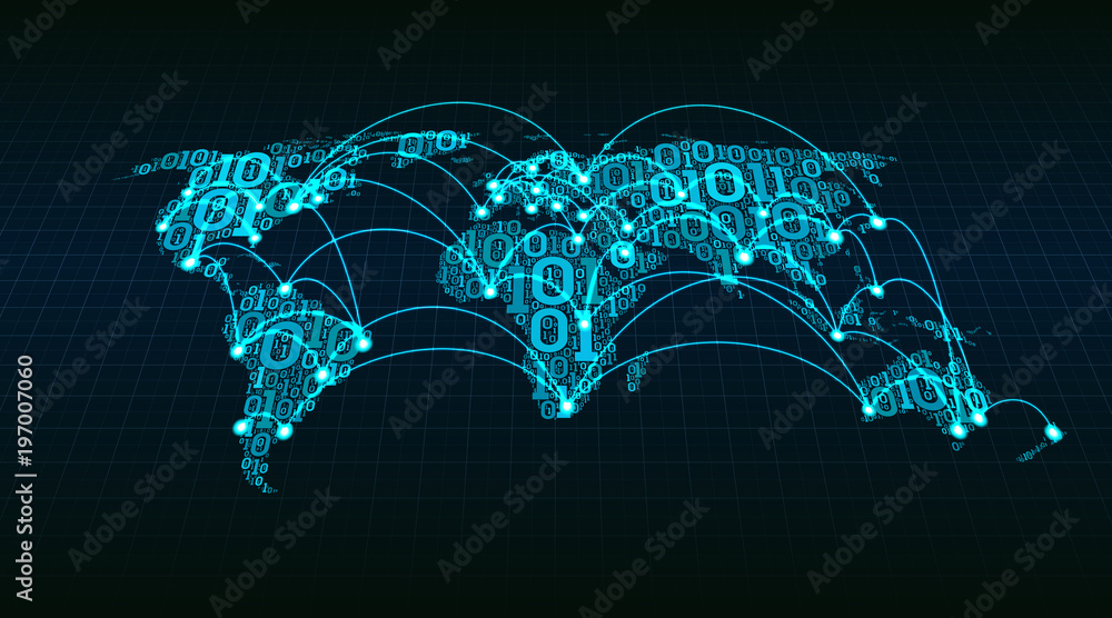 Poster Abstract world map from digital binary code on a grid background, global Internet transactions between cities and countries, well-organized layers