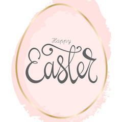 Happy Easter lettering quote with hand drawn brush pastel pink egg symbol isolated on white. Cute holiday background for postcards, invitations, greeting cards, banners, posters, etc. Made in vector
