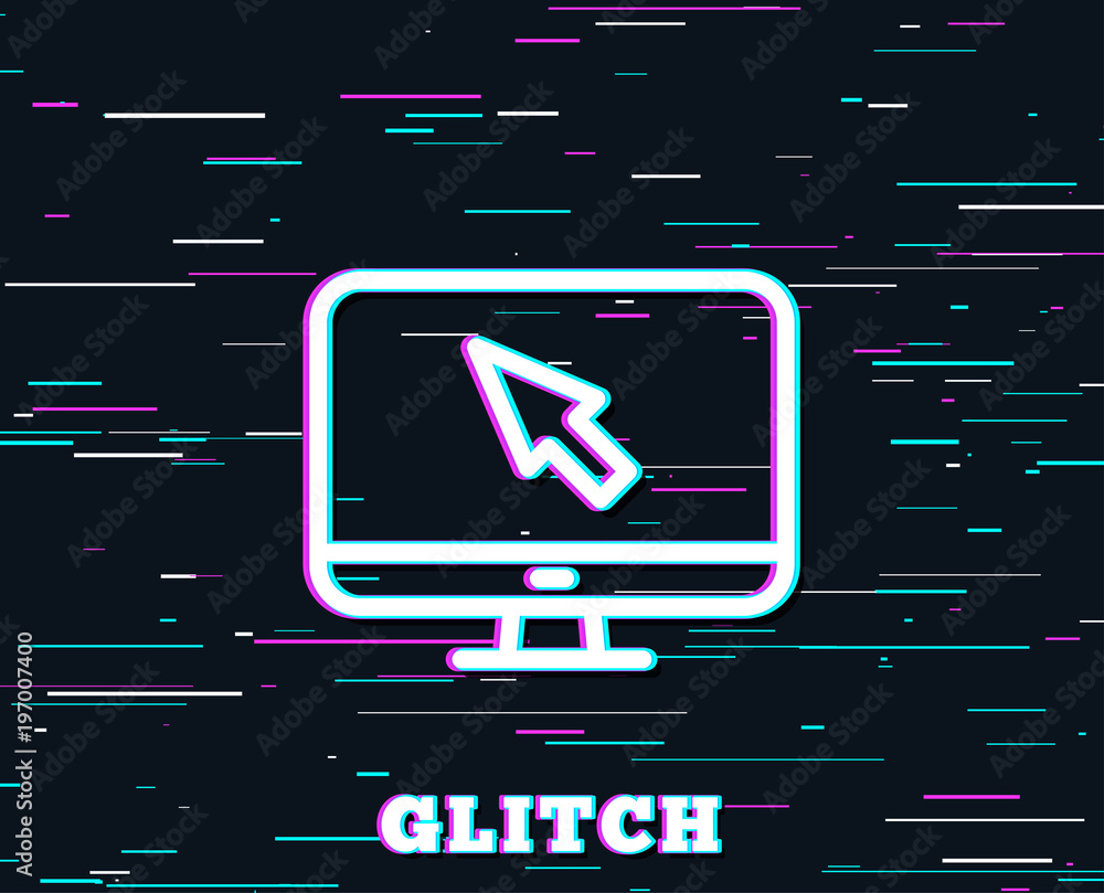 Poster glitch effect. computer or monitor icon. mouse cursor sign. personal computer symbol. background wit