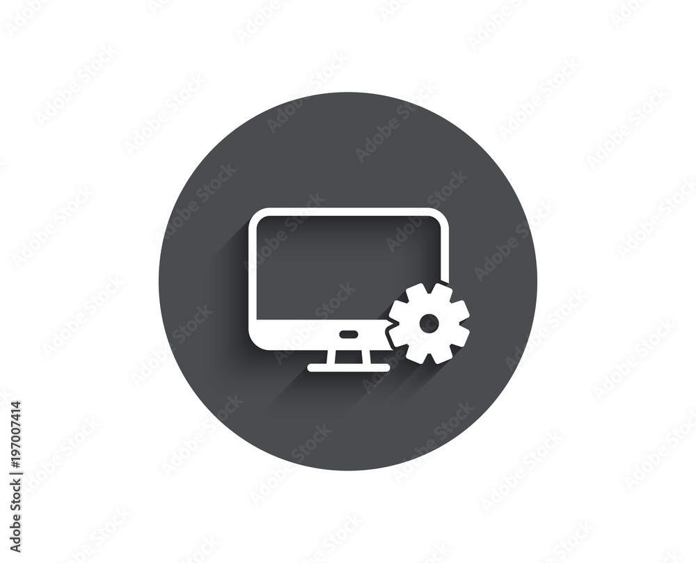Poster computer or monitor icon. service cogwheel sign. personal computer symbol. circle flat button with s