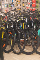 various bicycles displayed in bicycle shop